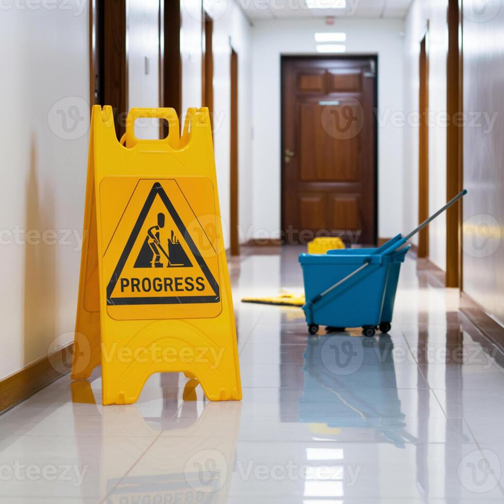 Yellow cleaning sign, mop bucket reflection, bright corridor, wooden door ahead For Social Media Post Size photo