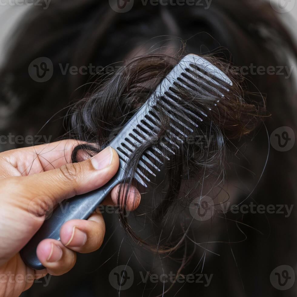 Hand gripping comb tangled with dark hair, blurred background emphasizes focus For Social Media Post Size photo