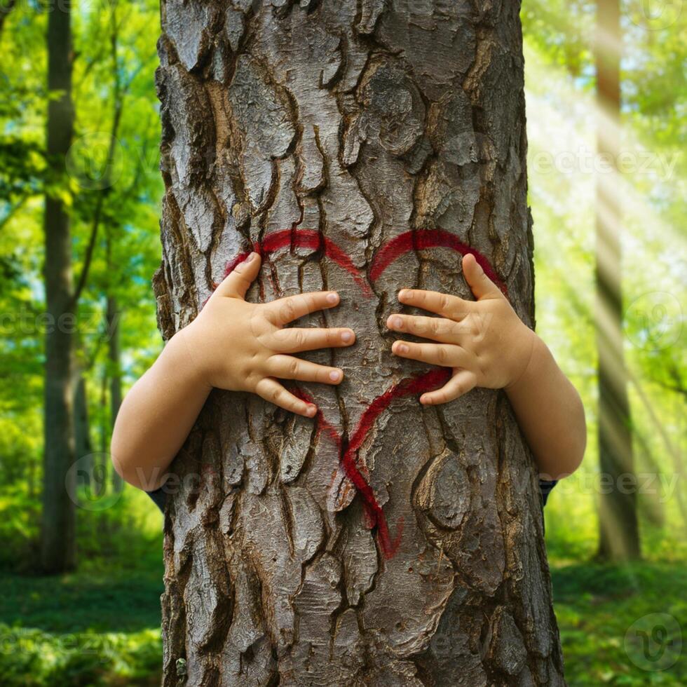 Childs hands hug tree trunk, red heart imprint, peaceful forest sunlight For Social Media Post Size photo