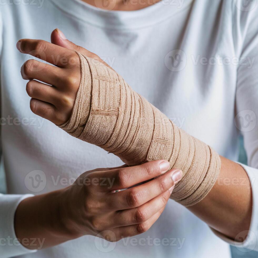 Wrist wrapped in beige bandage, person adjusting it, white top visible For Social Media Post Size photo