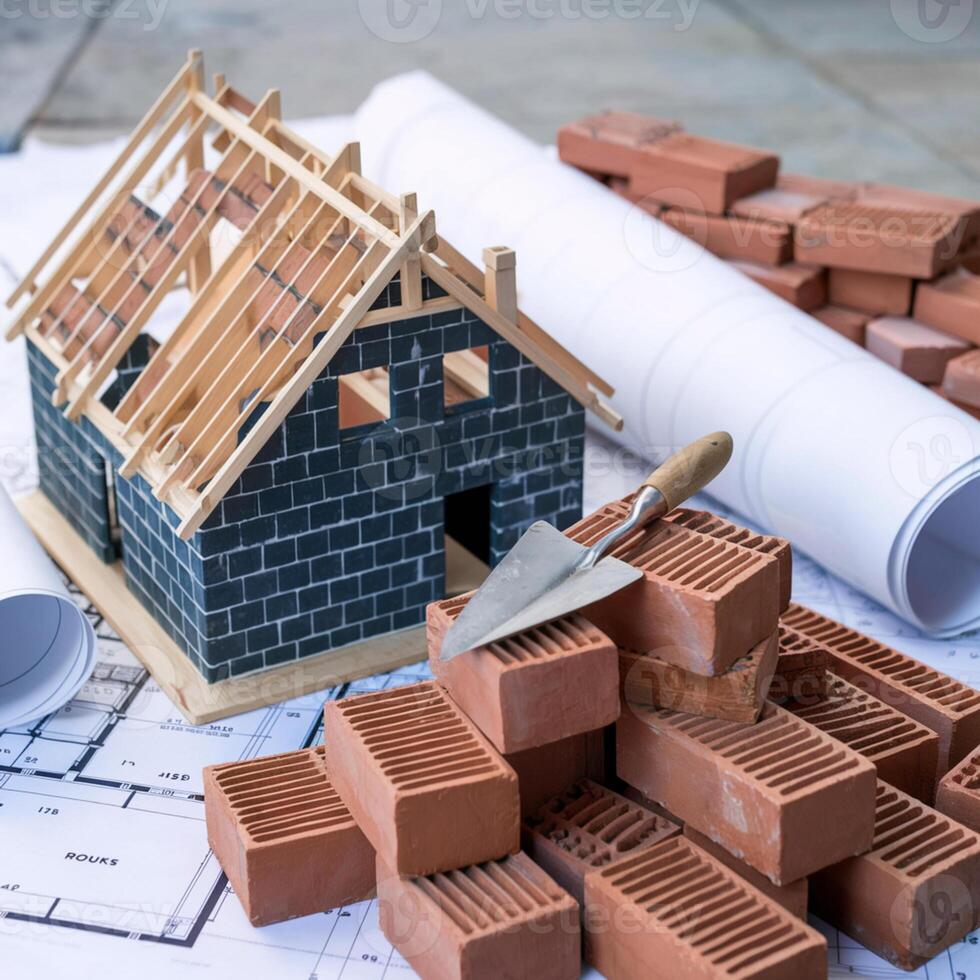 Construction site features wooden framework house, bricks, blueprints, and trowel For Social Media Post Size photo