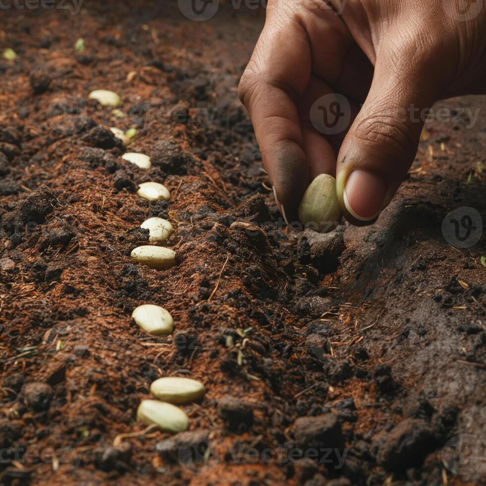 Dark soil with hand planting green seed, scattered seeds emphasize growth and planting For Social Media Post Size photo