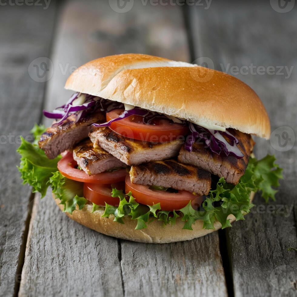 Juicy sandwich with lettuce, grilled meat, cabbage in bun, rustic setting highlights For Social Media Post Size photo