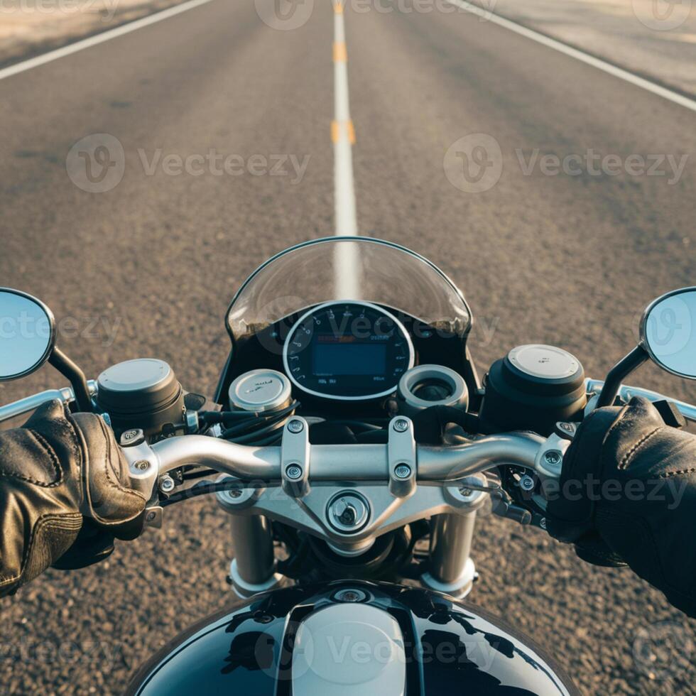 Motorcycle riders view, gloved hands grip handlebars, open road stretches ahead For Social Media Post Size photo