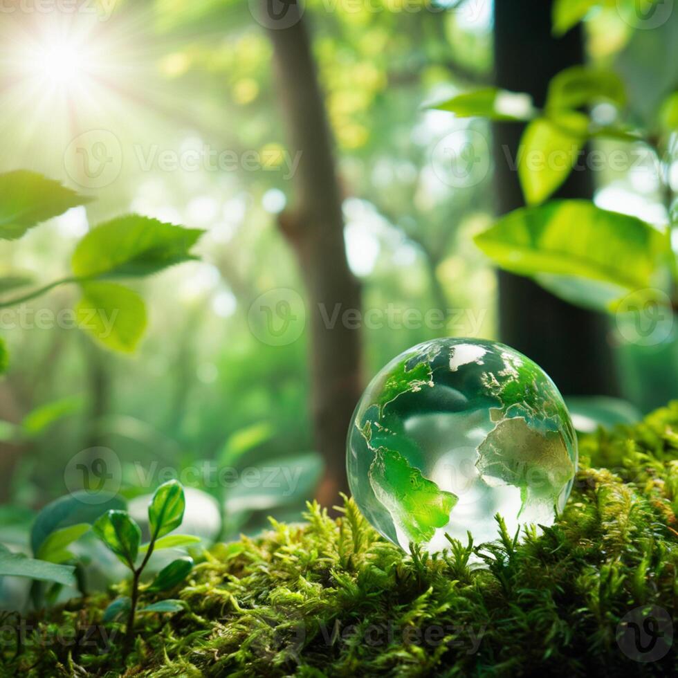 Glass globe rests on moss, sunlight filters through forest canopy, tranquil Earth scene For Social Media Post Size photo