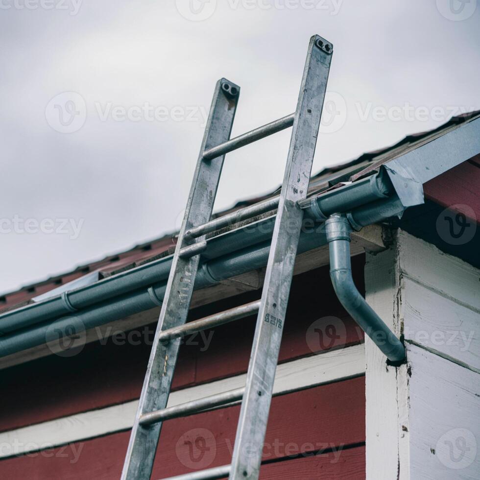 Metal ladder against red and white building, overcast sky provides neutral backdrop For Social Media Post Size photo