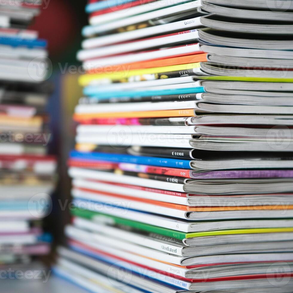 Colorful magazines stacked, blurred background hints objects, vibrant edges stand out For Social Media Post Size photo