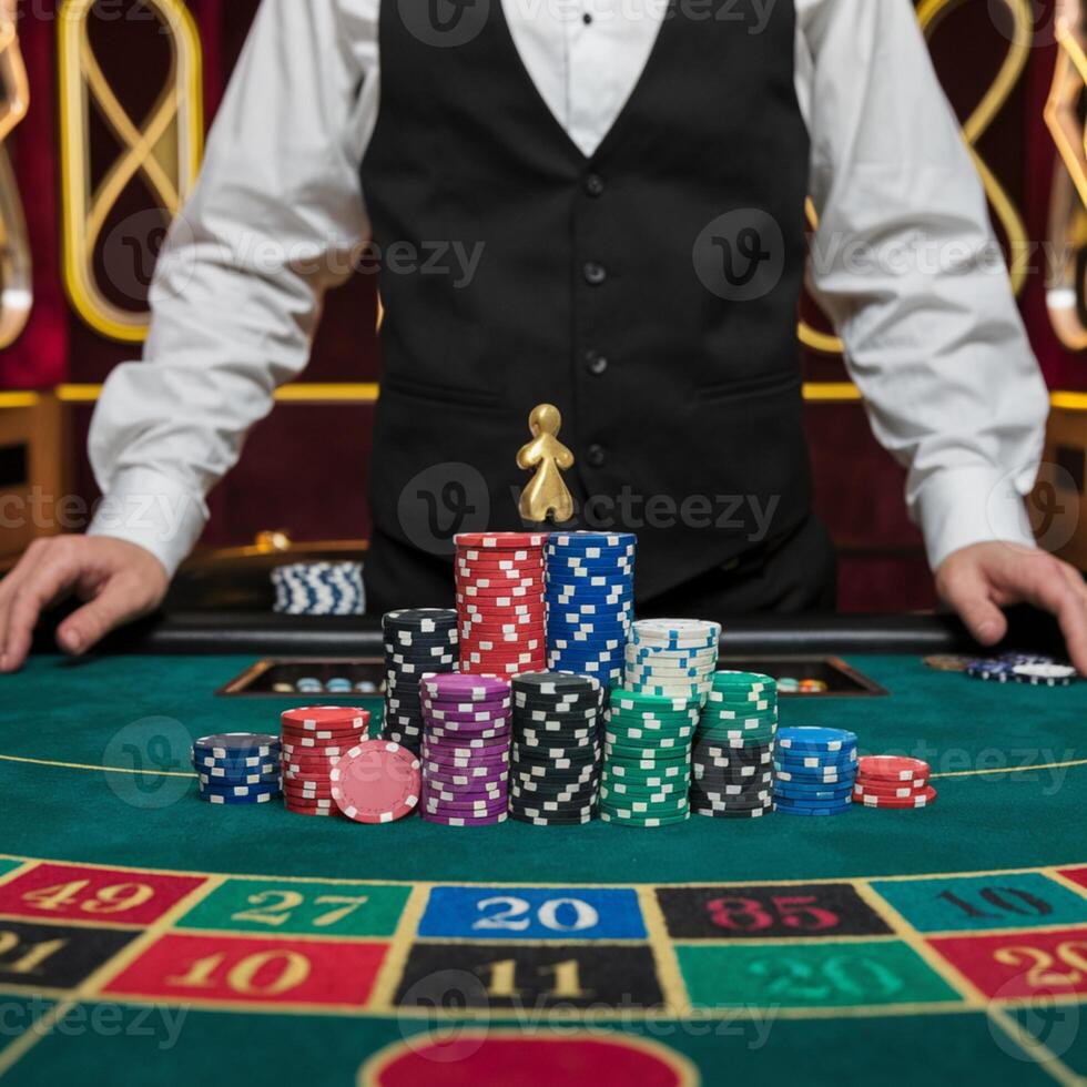 Stack of poker chips topped with gold pawn, dealer in high stakes gambling setting For Social Media Post Size photo
