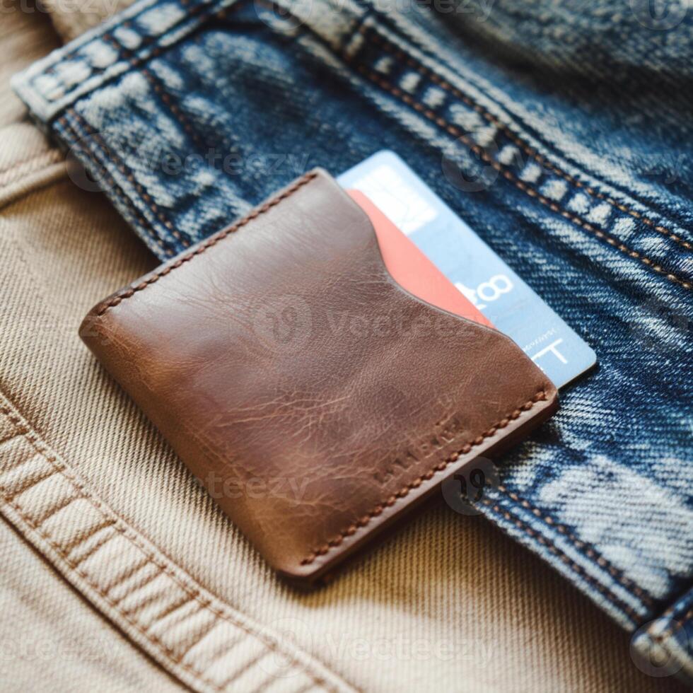 Brown leather wallet with chip card, resting on blue denim fabric, showcasing utility For Social Media Post Size photo