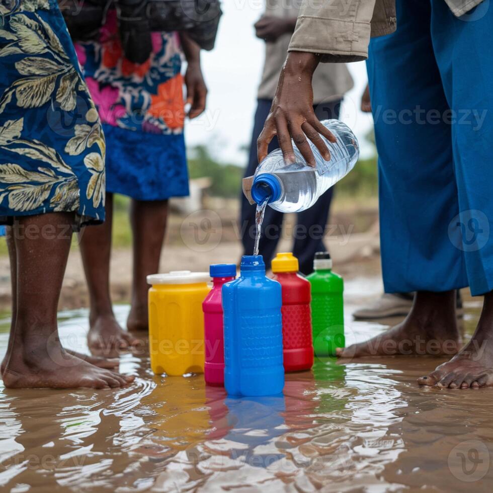 Hand pours water into blue bottle on wet ground, surrounded by containers For Social Media Post Size photo