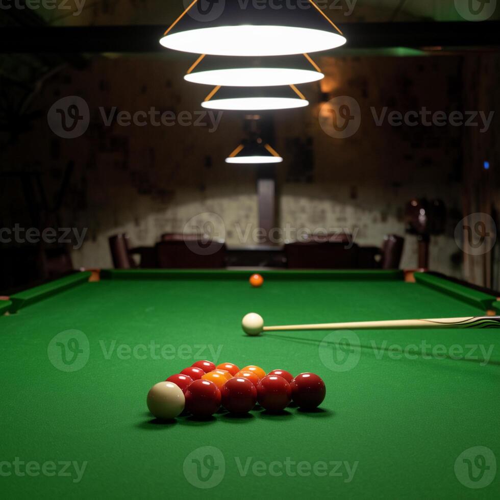 Green snooker table with white cue ball, red balls arranged, dim overhead lighting For Social Media Post Size photo