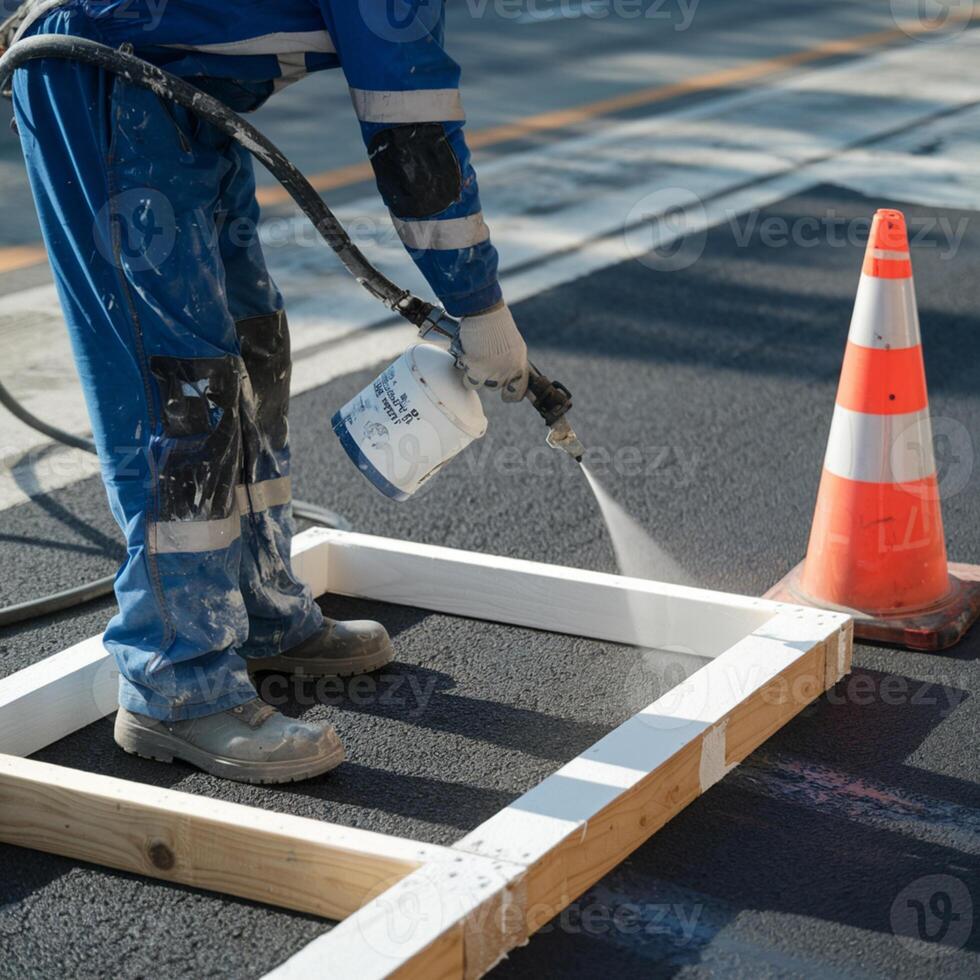 Worker sprays white paint onto wooden frame, road construction scene with cone For Social Media Post Size photo