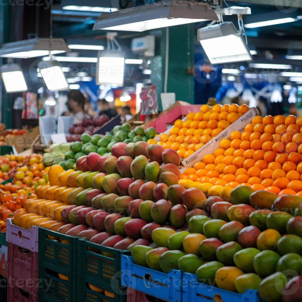 Market stall displays vibrant mangoes and oranges, illuminated, indoor fresh produce scene For Social Media Post Size photo
