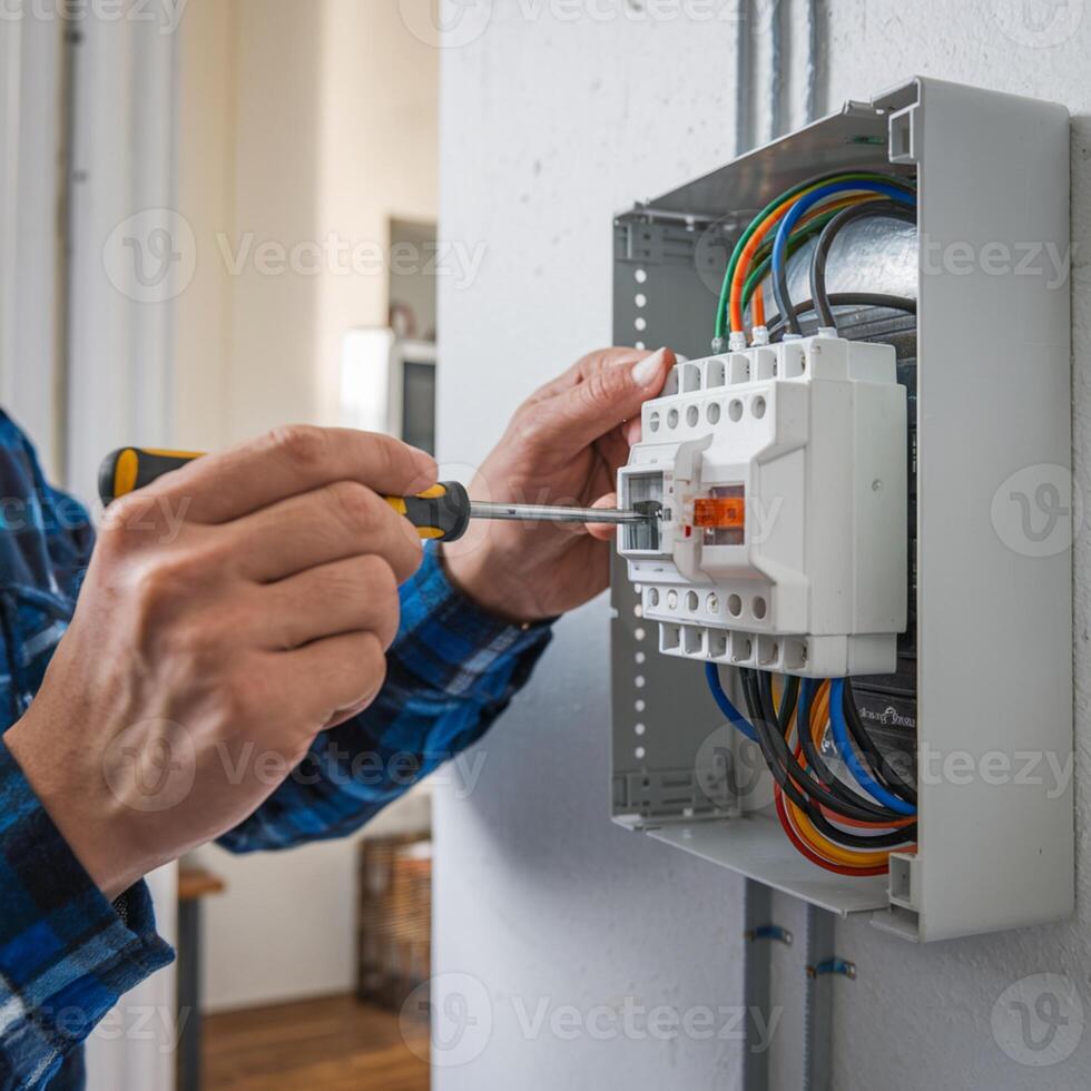 Electrician tightens component on white electrical box with yellow screwdriver, wires visible For Social Media Post Size photo
