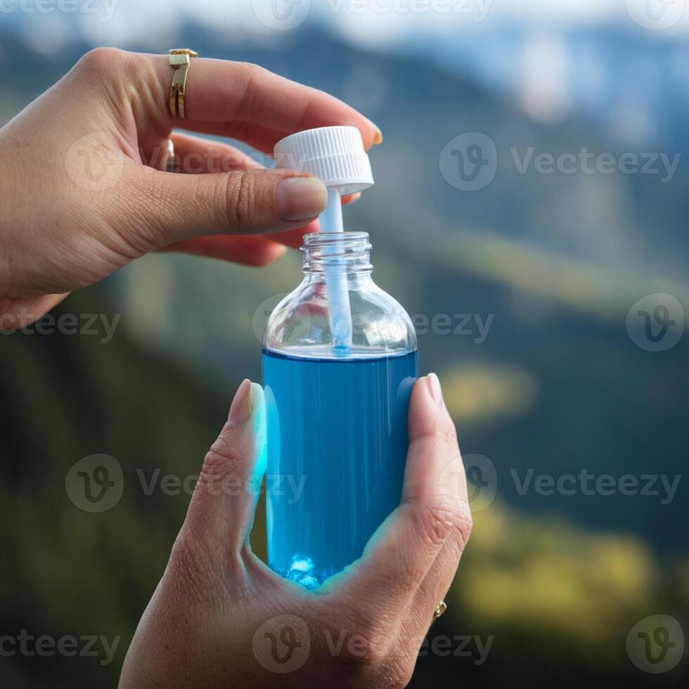 Hand holds clear bottle with blue liquid, cap being removed, blurred background For Social Media Post Size photo