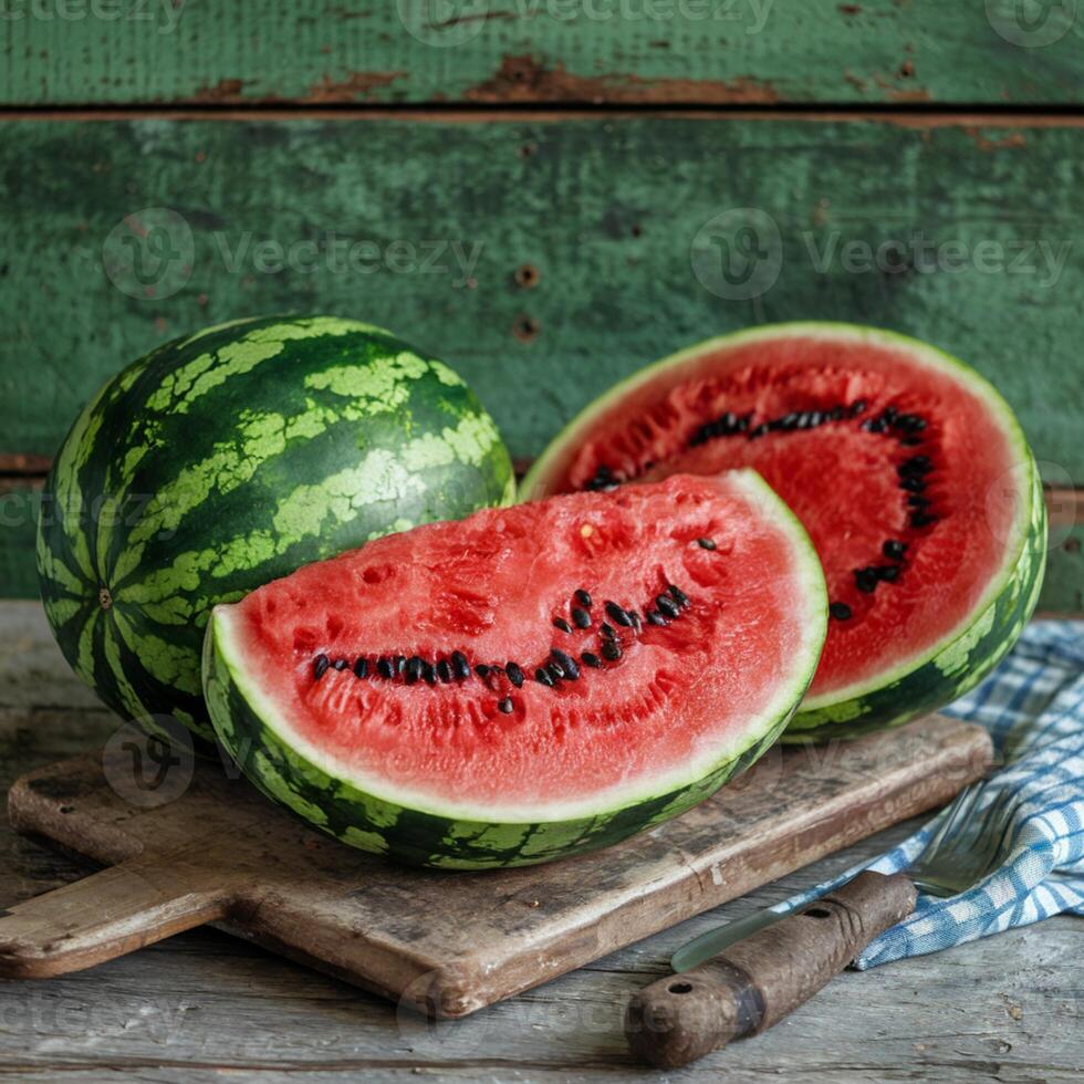 Freshly sliced watermelon on cutting board, vibrant red flesh, black seeds, and green backdrop For Social Media Post Size photo
