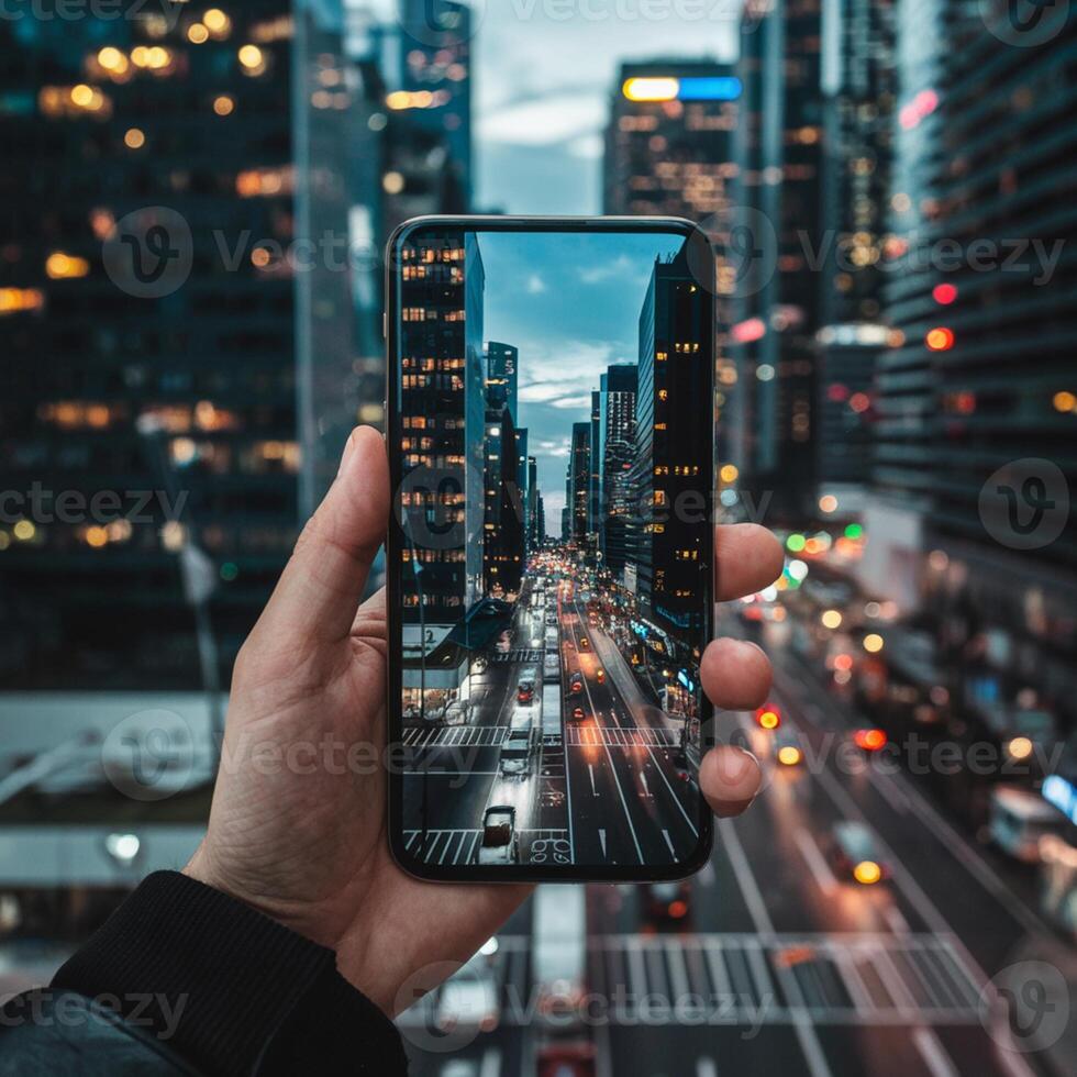 Hand holds smartphone displaying evening cityscape with lit streets and skyscrapers For Social Media Post Size photo