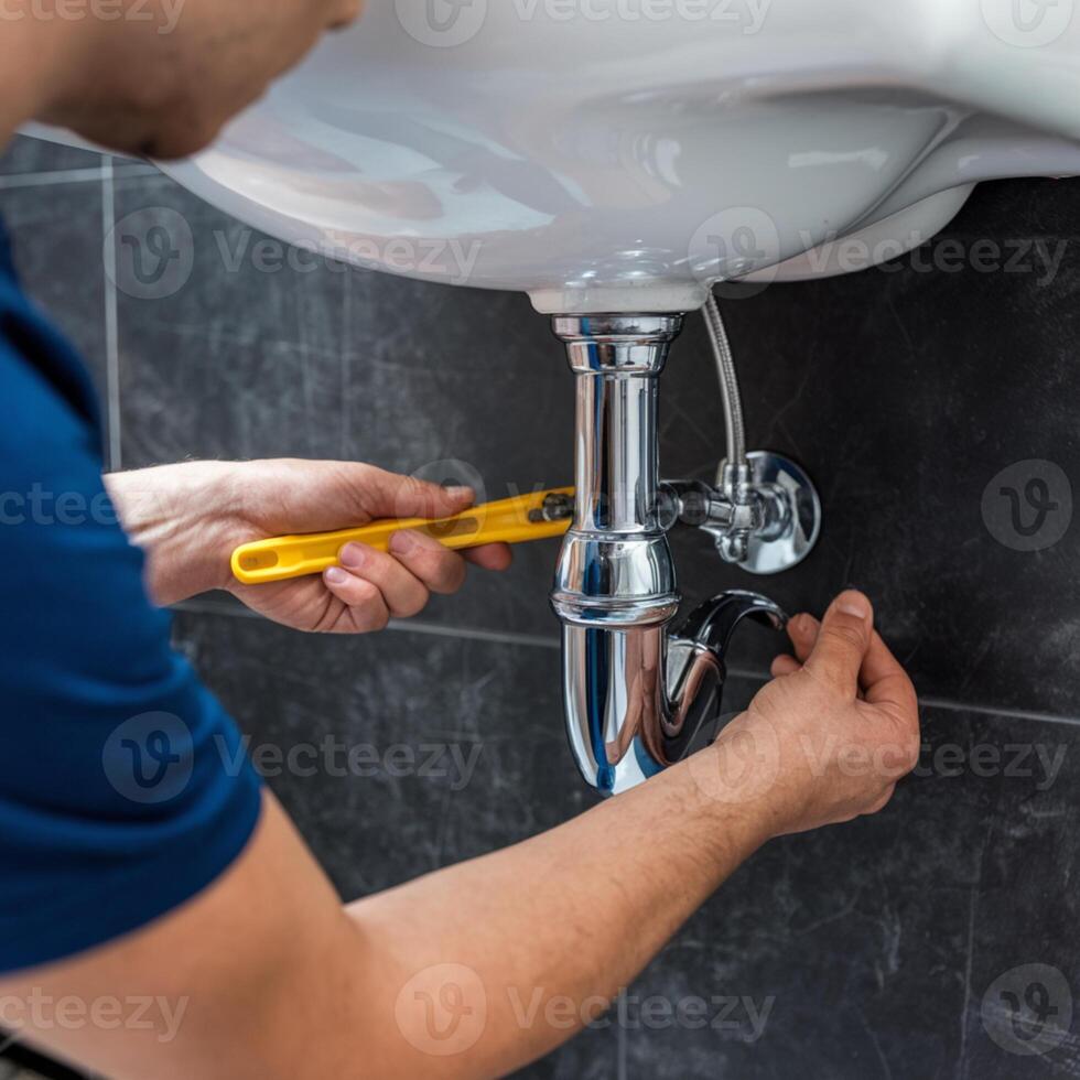 Plumber adjusts pipe under bathroom sink with yellow wrench, dark wall, visible drain For Social Media Post Size photo