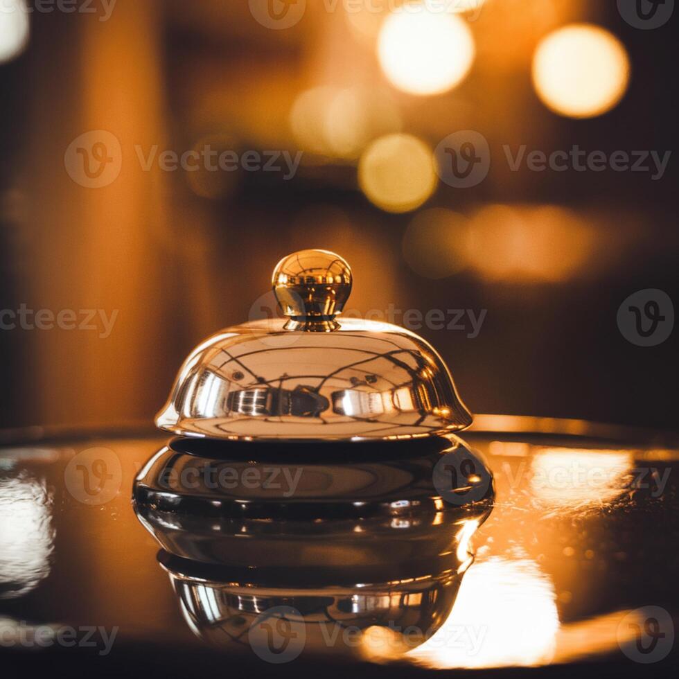 Shiny metallic bell with golden top on reflective surface, warm golden hue background For Social Media Post Size photo