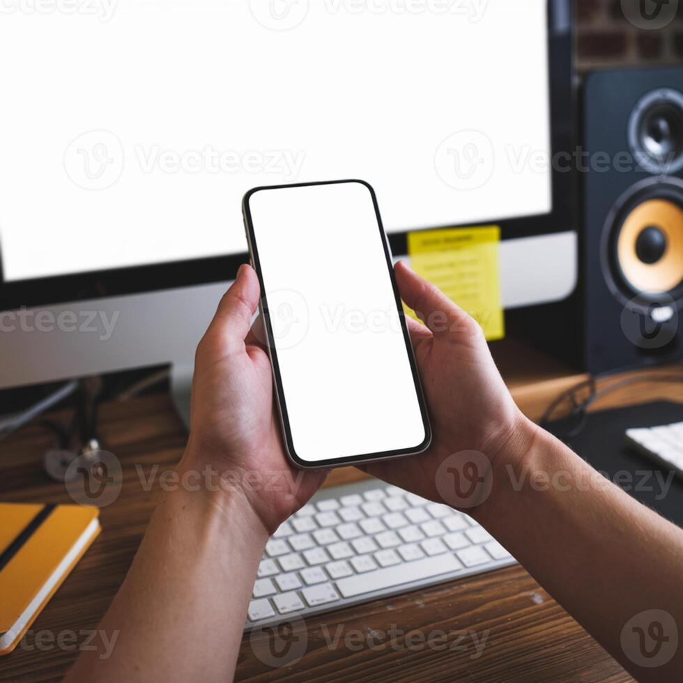 Hands with smartphone in front of off monitor, yellow keyboard, speaker, notebook visible For Social Media Post Size photo