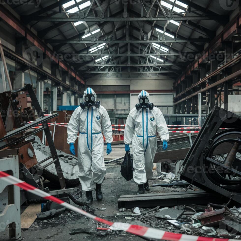 Two people in protective suits navigate debris in a disordered factory or warehouse For Social Media Post Size photo