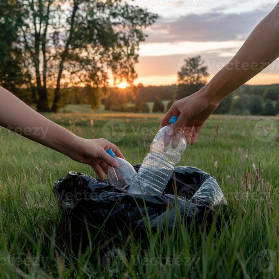 Hands retrieve plastic bottle from trash bag on grassy field at sunset, serene landscape For Social Media Post Size photo