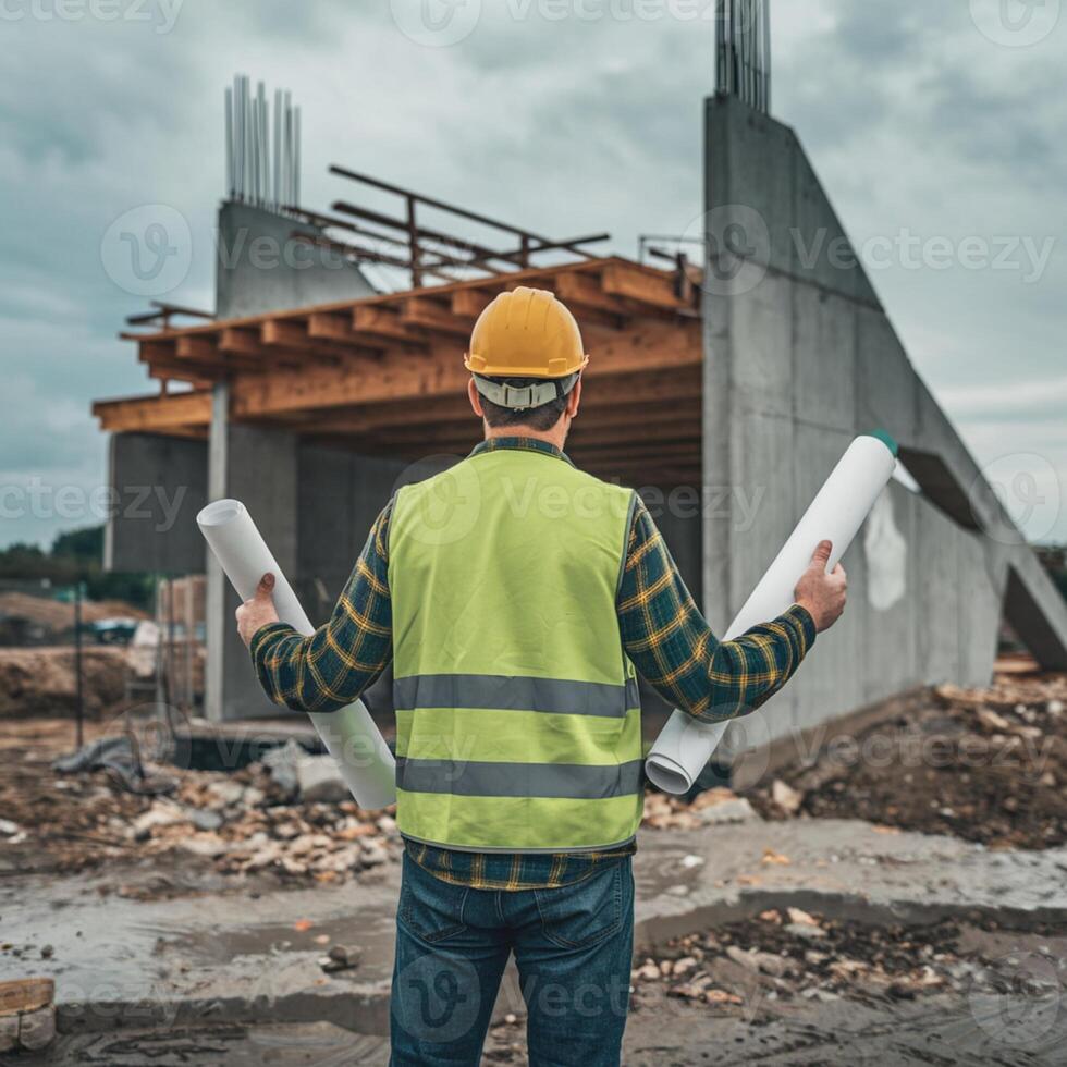 Worker with yellow helmet and green vest holds blueprints, concrete structure, debris For Social Media Post Size photo