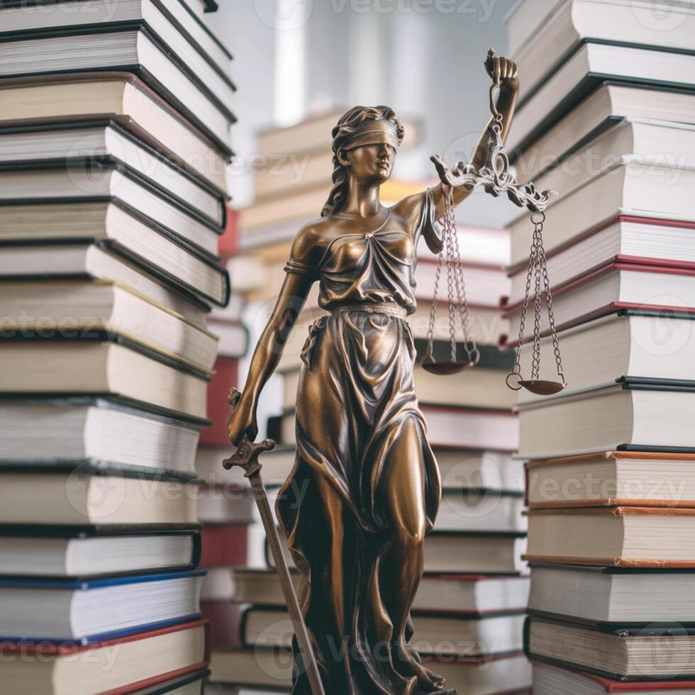 Statue of Justice among tall stacked books, soft lighting highlights intricate details For Social Media Post Size photo