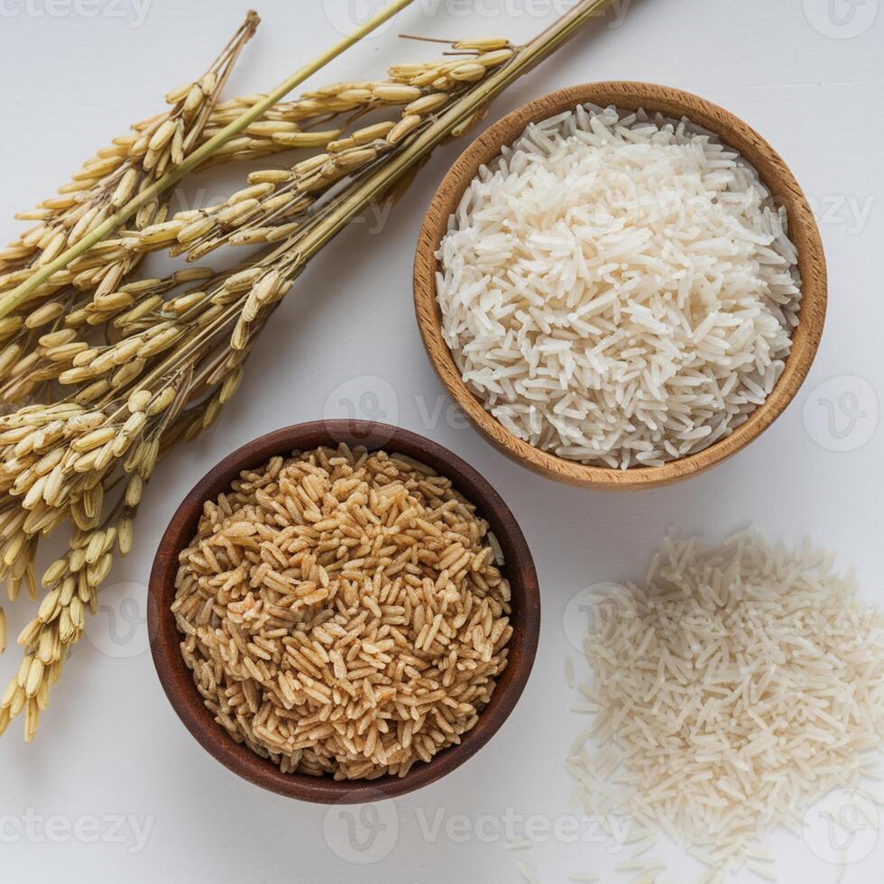 Wooden bowls of golden brown rice and white rice, with dried rice stalks For Social Media Post Size photo