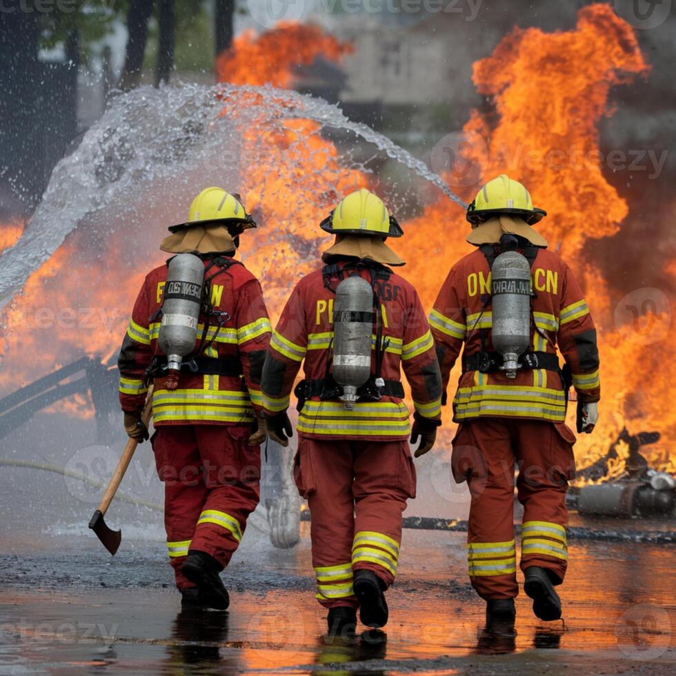 Firefighters in red suits and yellow helmets walk away from a raging fire For Social Media Post Size photo