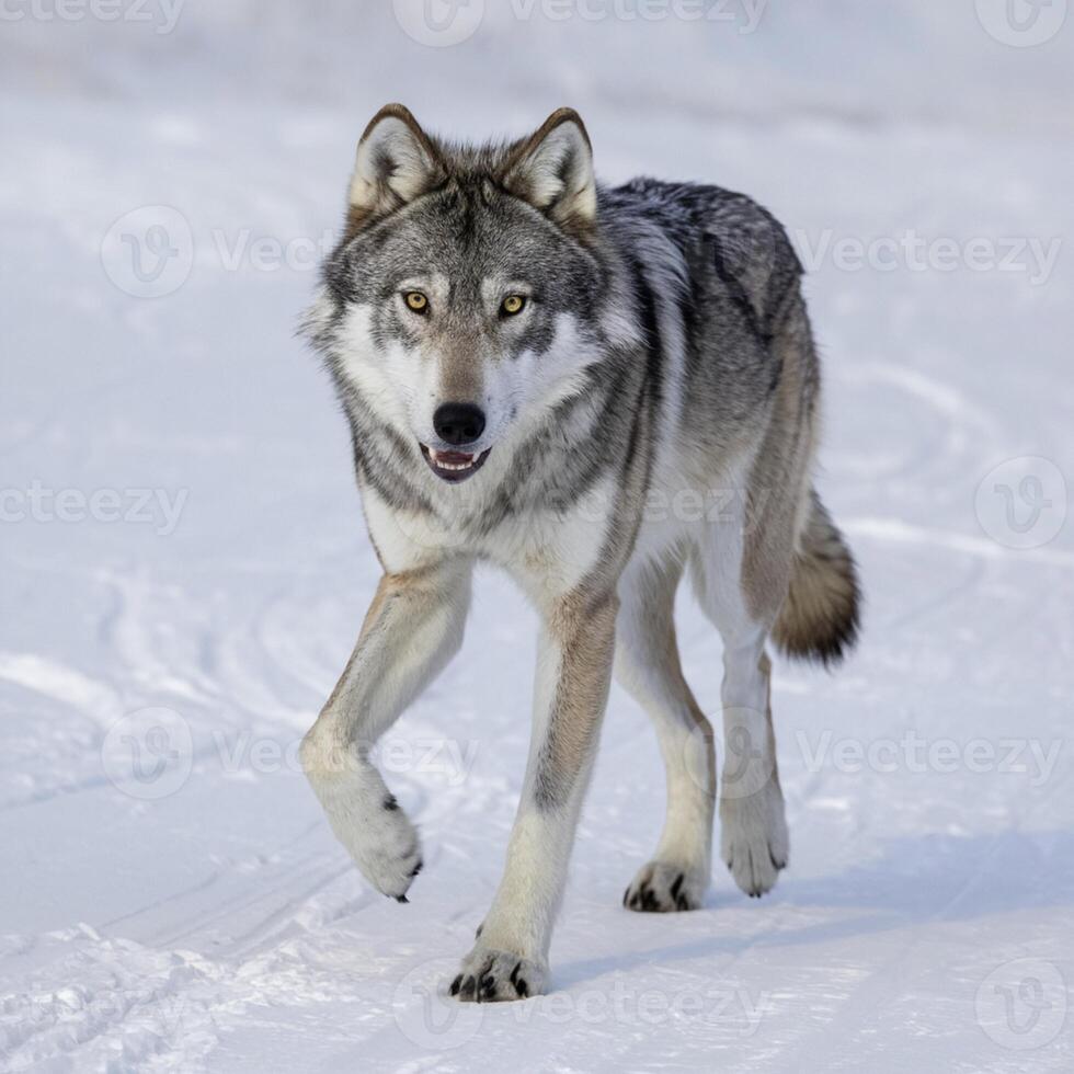 Wolf mid stride with gray and white fur, piercing yellow eyes, plain white background For Social Media Post Size photo