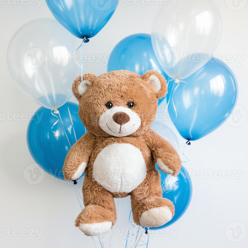 Brown teddy bear with white belly, floating with blue and white balloons, plain background For Social Media Post Size photo