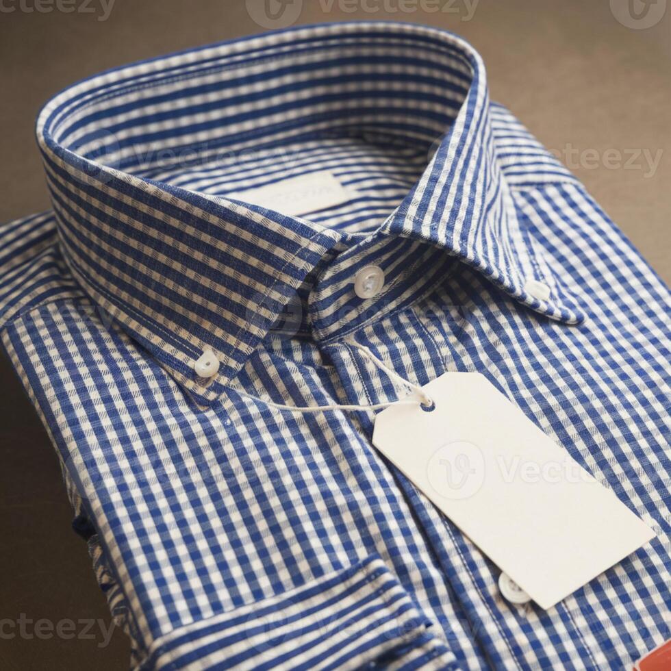 Close up of blue and white checkered shirt, neatly folded, visible collar, blank price tag For Social Media Post Size photo