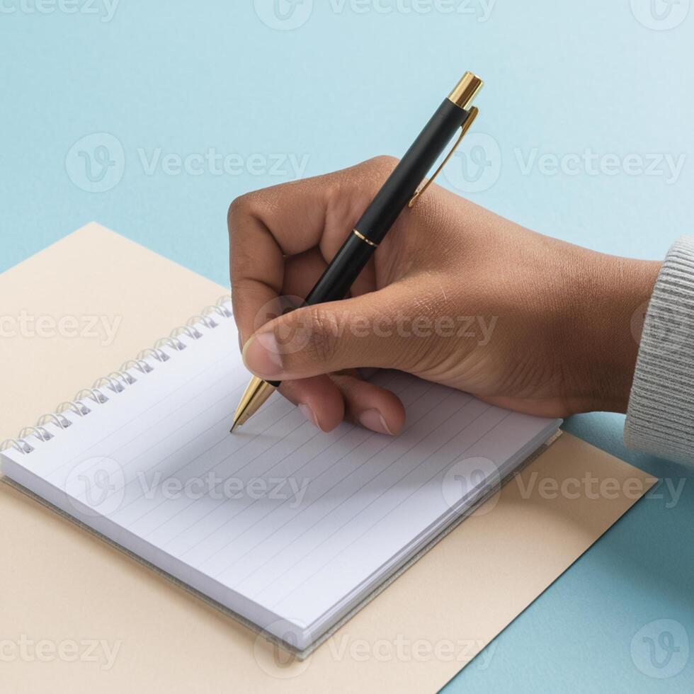 Hand poised with pen, ready to write on lined notepad, black pen visible For Social Media Post Size photo