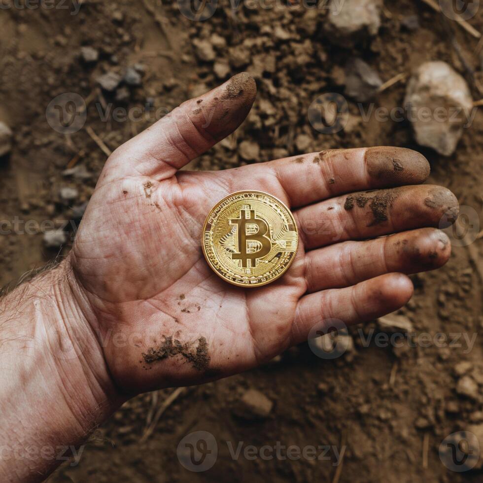 Dirt-covered hand holds shiny Bitcoin, soil and rocks in background For Social Media Post Size photo