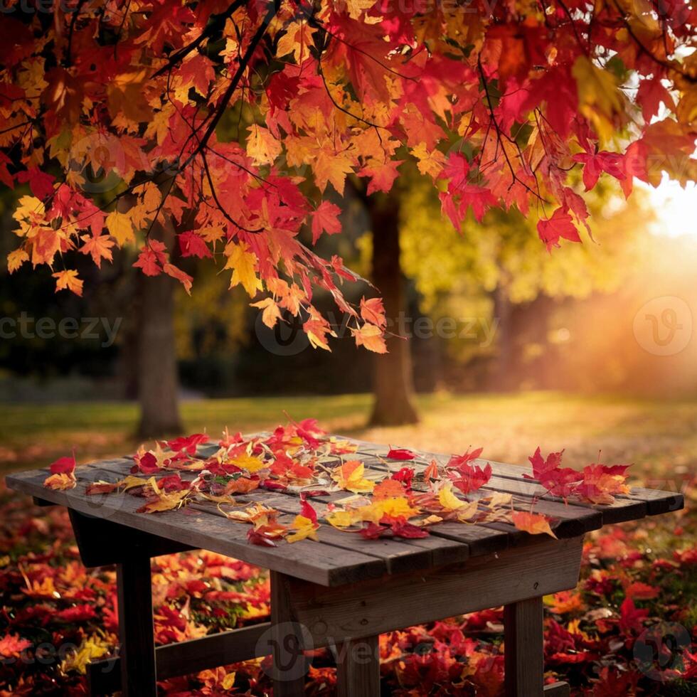 Wooden table with red, orange, yellow leaves, vibrant autumn branches, warm golden glow For Social Media Post Size photo