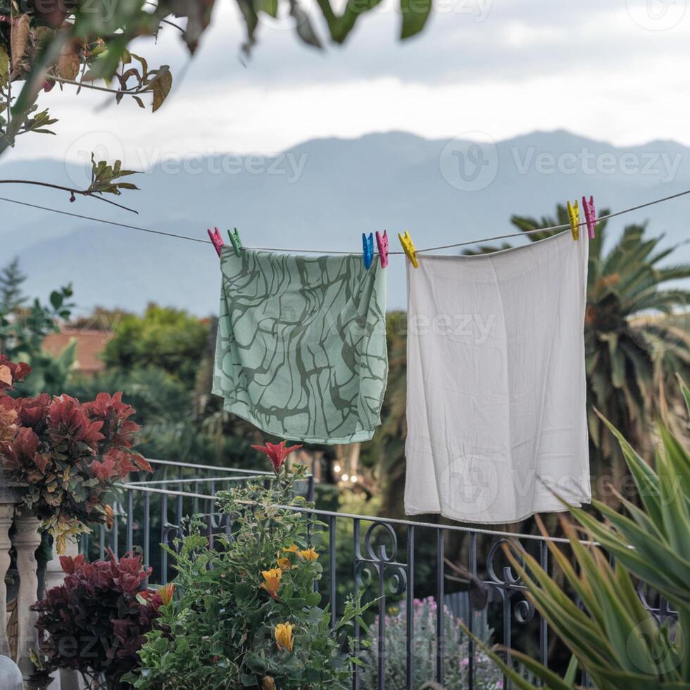 Clothesline across balcony, holding green fabric and white sheet, lush plants nearby For Social Media Post Size photo