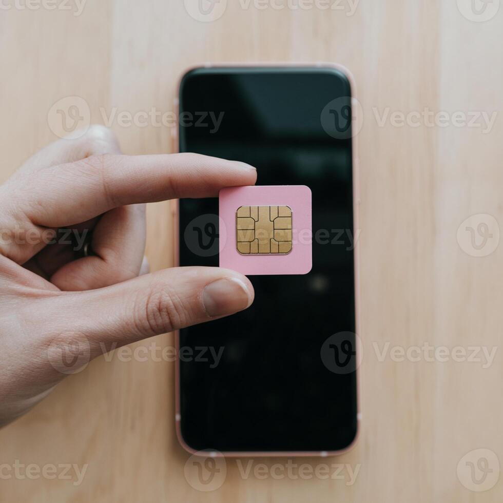 Pink SIM card held against a light surface, smartphone in background For Social Media Post Size photo