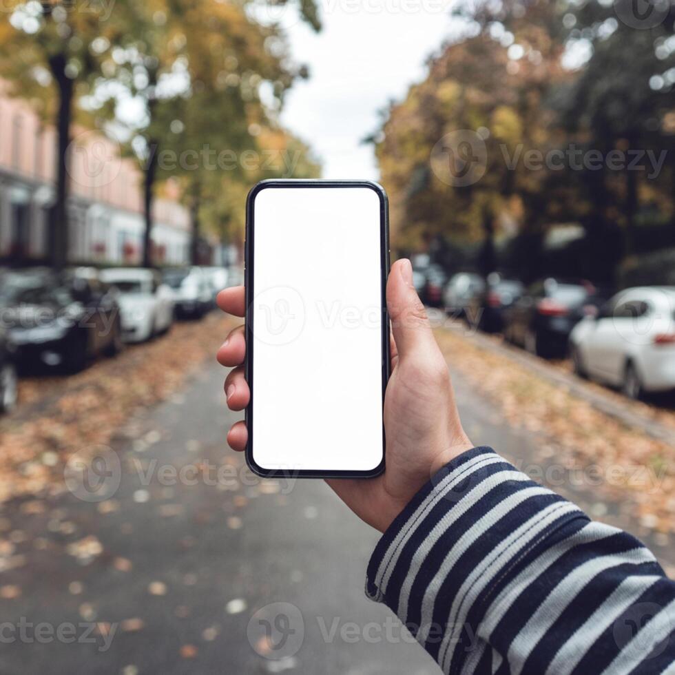 Hand holding smartphone with blank screen, blurred street and autumn trees For Social Media Post Size photo