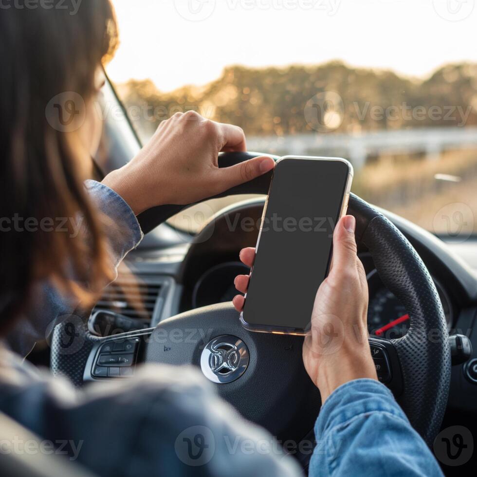 Person holds smartphone while driving, golden lighting creates calm atmosphere For Social Media Post Size photo