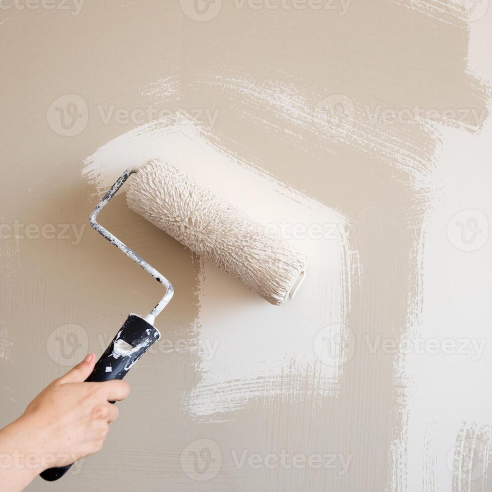 Paint roller brushing beige wall, smooth even coat visible For Social Media Post Size photo