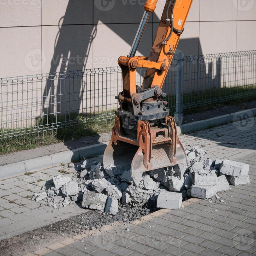 Orange excavator arm breaks road pavement, casting shadow on nearby wall For Social Media Post Size photo