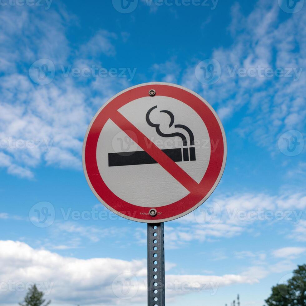 No smoking sign mounted on pole, clear blue sky with scattered clouds behind For Social Media Post Size photo