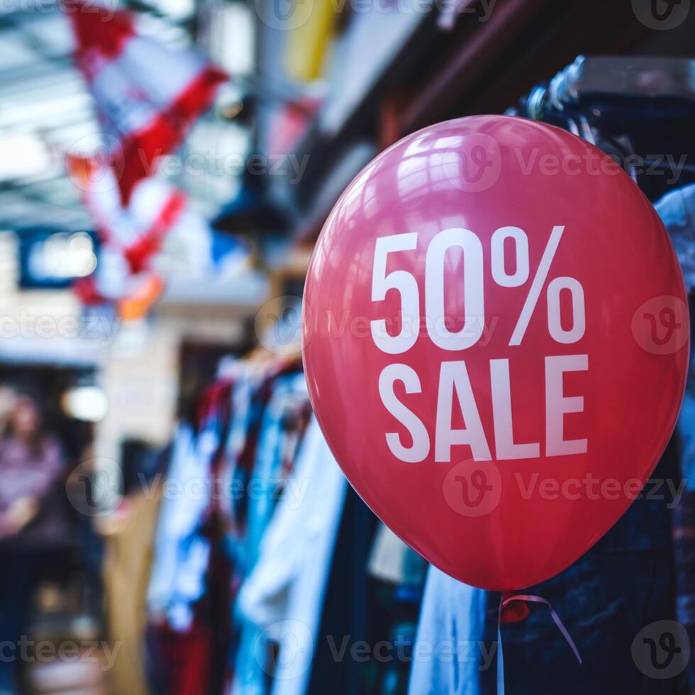 Red balloon with 50 OFF SALE, blurred background suggests a store setting For Social Media Post Size photo