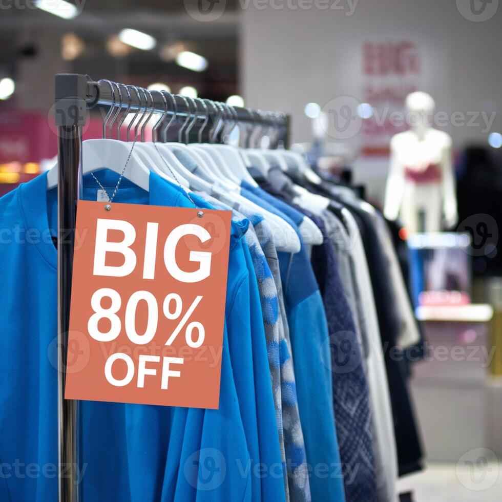 Blue clothes on rack, promotional BIG SALE sign, slightly blurred background suggests shopping For Social Media Post Size photo