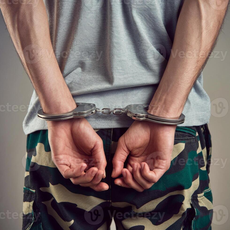 Handcuffed wrists in gray T-shirt and camouflage pants, neutral background implies custody For Social Media Post Size photo