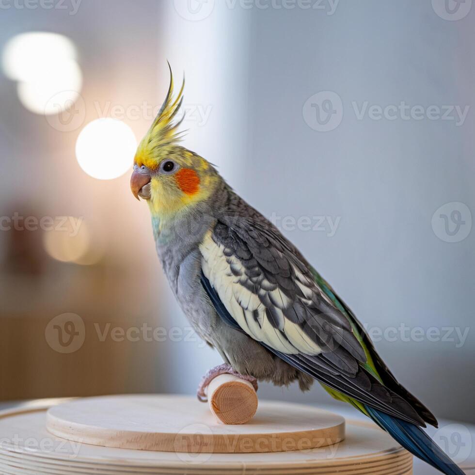 Cockatiel with yellow crest, orange cheek patches, and gray feathers, blurred indoor background For Social Media Post Size photo