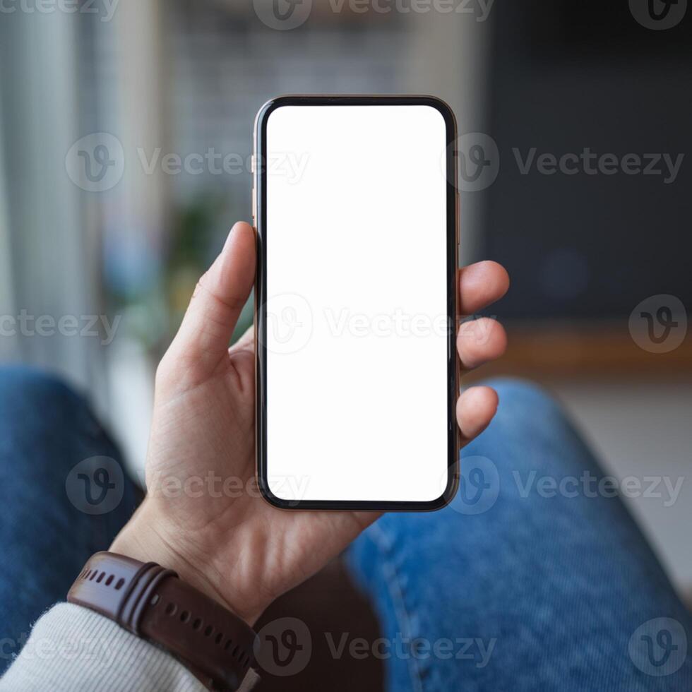 Hand holds smartphone with white screen, blurred indoor setting suggests seated position For Social Media Post Size photo