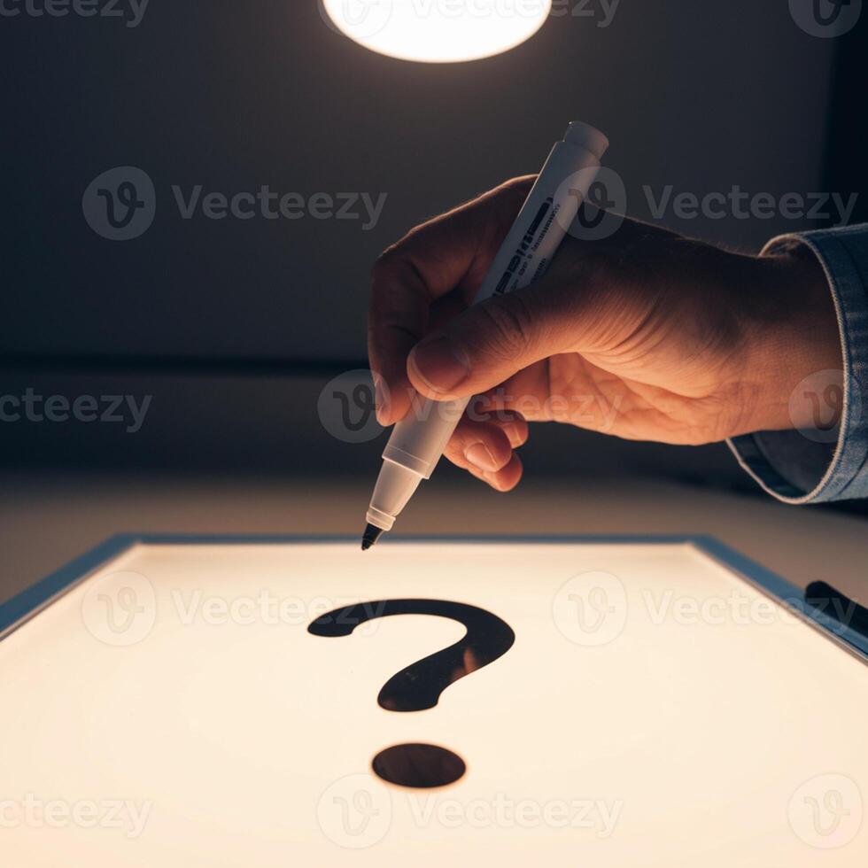 Hand with marker near question mark on whiteboard, glow emphasizes inquiry For Social Media Post Size photo