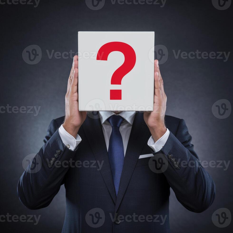 Mans deep thought expressed with red-question-mark box For Social Media Post Size photo